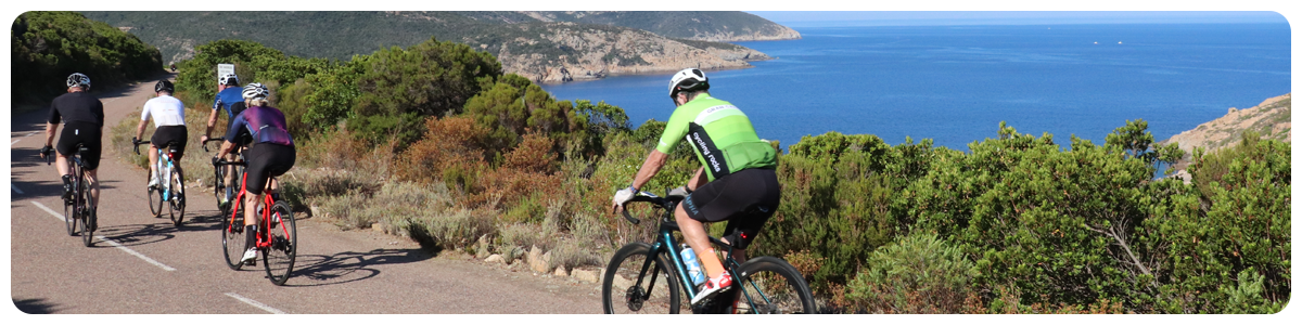 cyclists on rental bikes in Corsica between Calvi and Porto